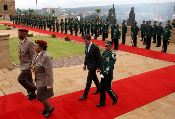 Dutch Prime Minister Mark Rutte inspects a guard of honour at the Union Buildings in Pretoria