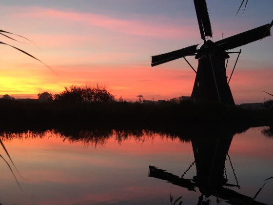 Sunset at Kinderdijk windmills
