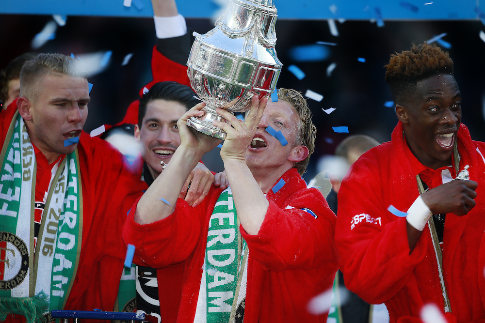 Dick Kuyt holds the cup as Feyenoord celebrate their first big win since 2008. Photo VI 