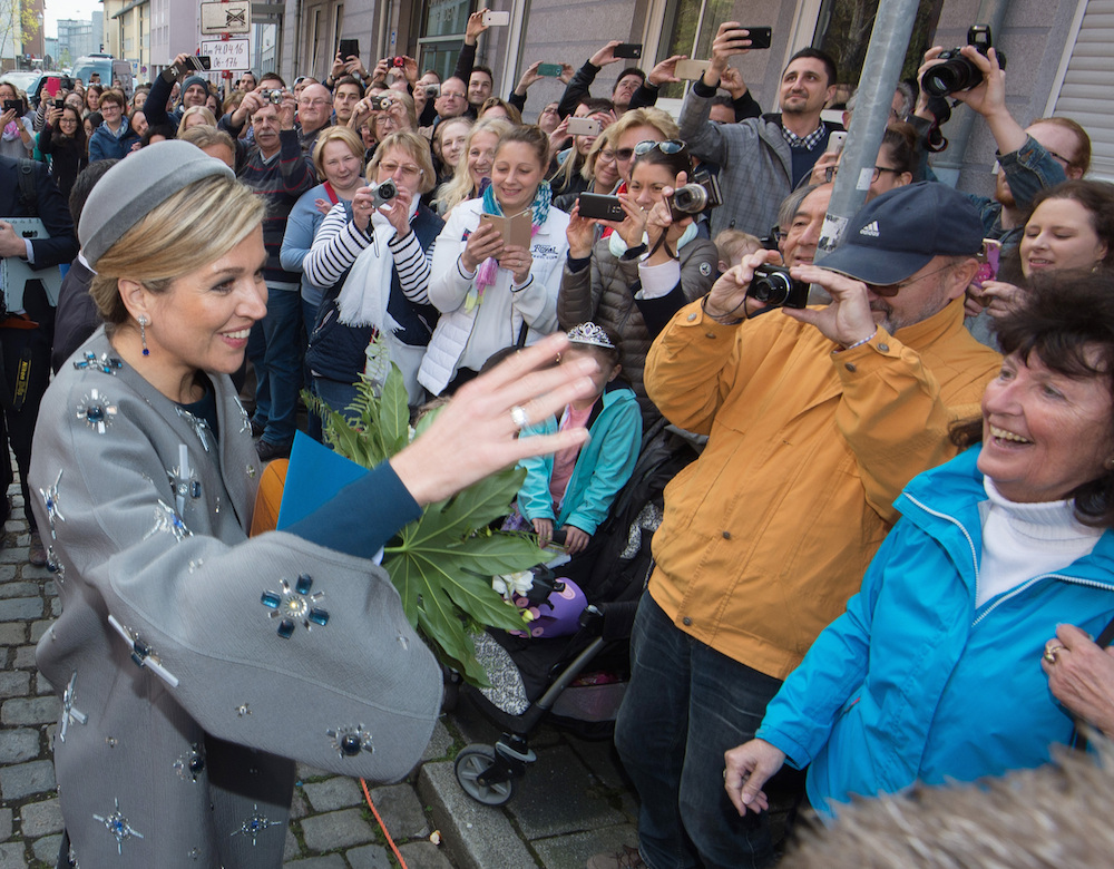 Queen Maxima greets the public upon her arrival in Nuremberg. Photo: Timm Schammberger/dpa via AP