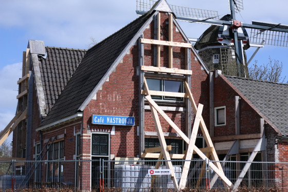 A condemned and shored-up cafe. Photo: Graham Dockery