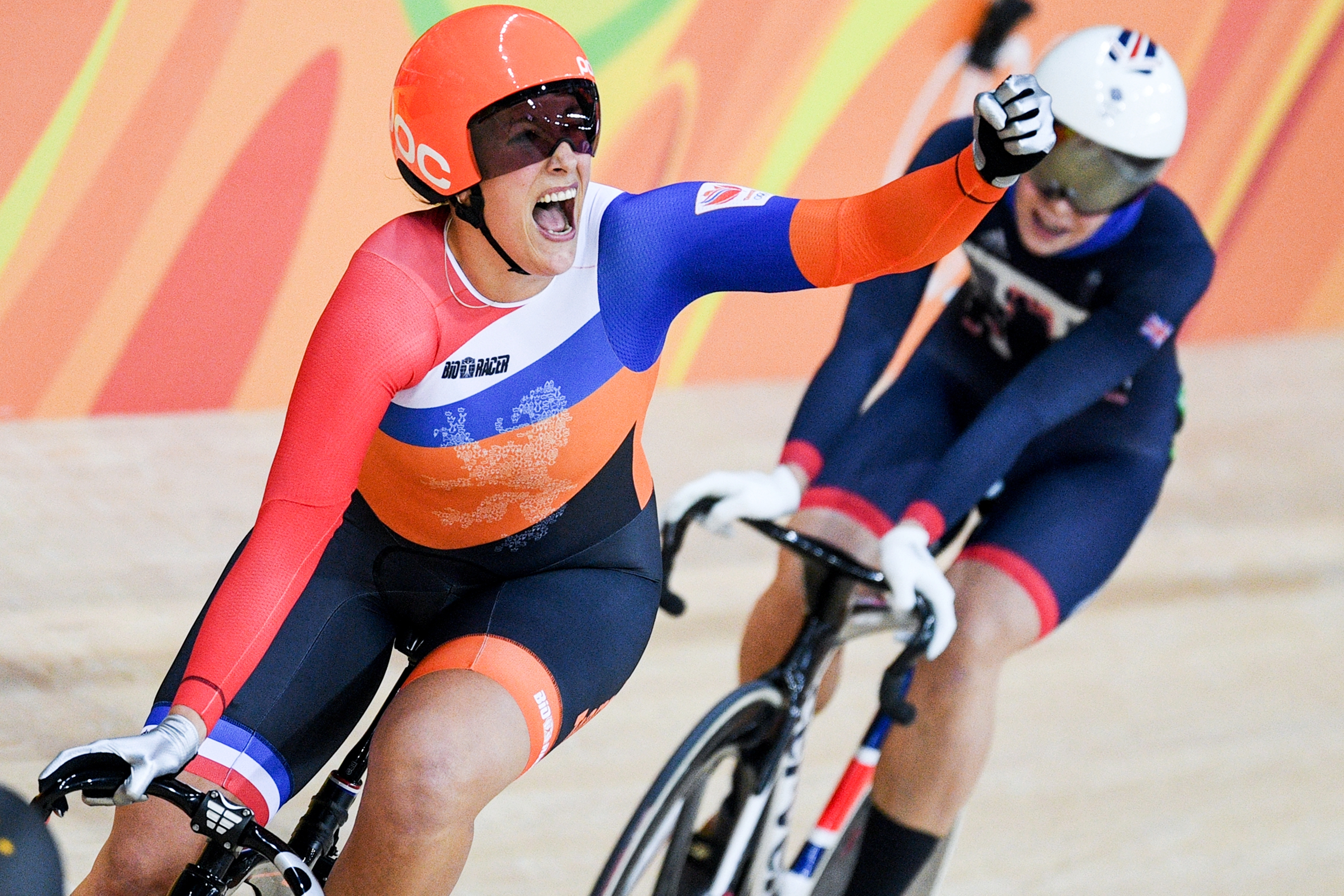 Elis Ligtlee celebrates winning the women's keirin event. Photo: Konstantin Chalabov/Sputnik