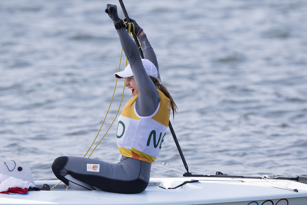 Marit Bouwmeester celebrates her sailing gold. Photo: Wieringa Photography