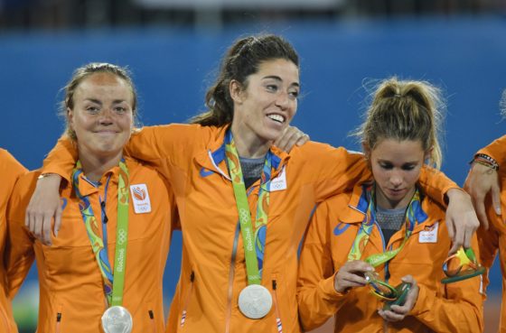 Maartje Paumen , Naomi van As and Ellen Hoog after losing the hockey final to Britain. Photo: Soenar Chamid