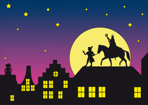 Greetings card showing Sinterklaas with Zwarte Piet in silhouette.
