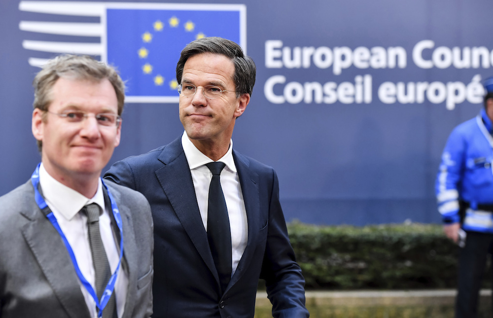 Mark Rutte, second left arrives for an EU Summit in Brussels on Thursday. Photo: AP Photo/Geert Vanden Wijngaert)