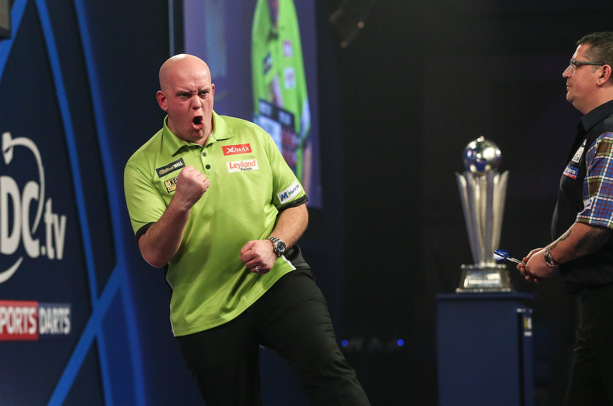 Michael van Gerwen celebrates a win during the World Darts Championships. Photo: ProSports/REX/Shutterstock via VI Images/HH