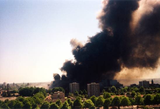 A plume of smoke over Enschede during the fireworks disaster on May 13, 2000.