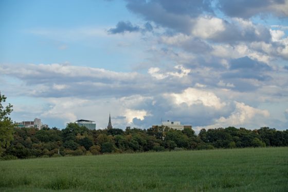 A panorama of Kerkrade's skyline on a cloudy day
