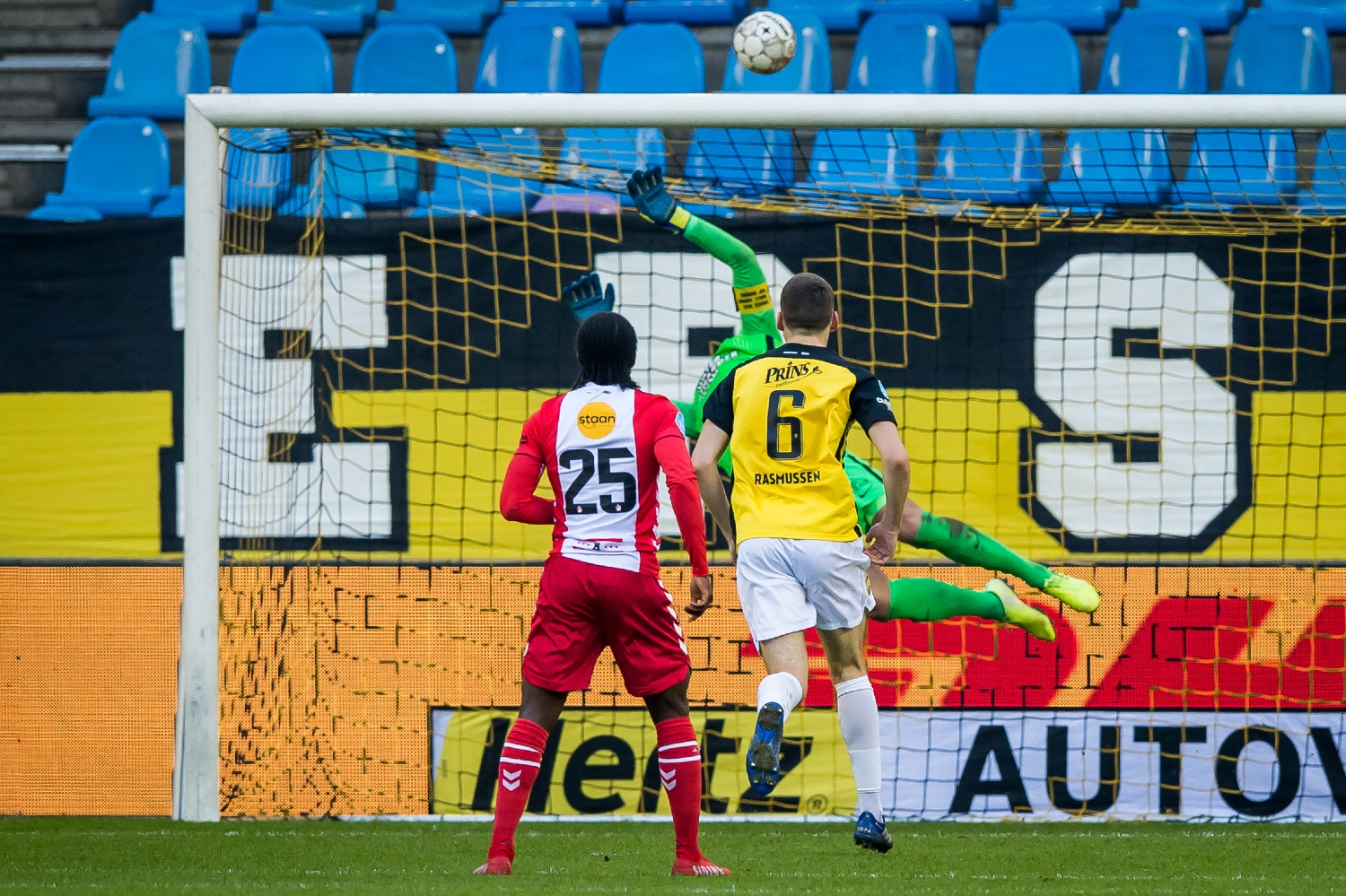 Vitesse Arnhem goalkeeper Remko Pasveer making a flying save from Emmen