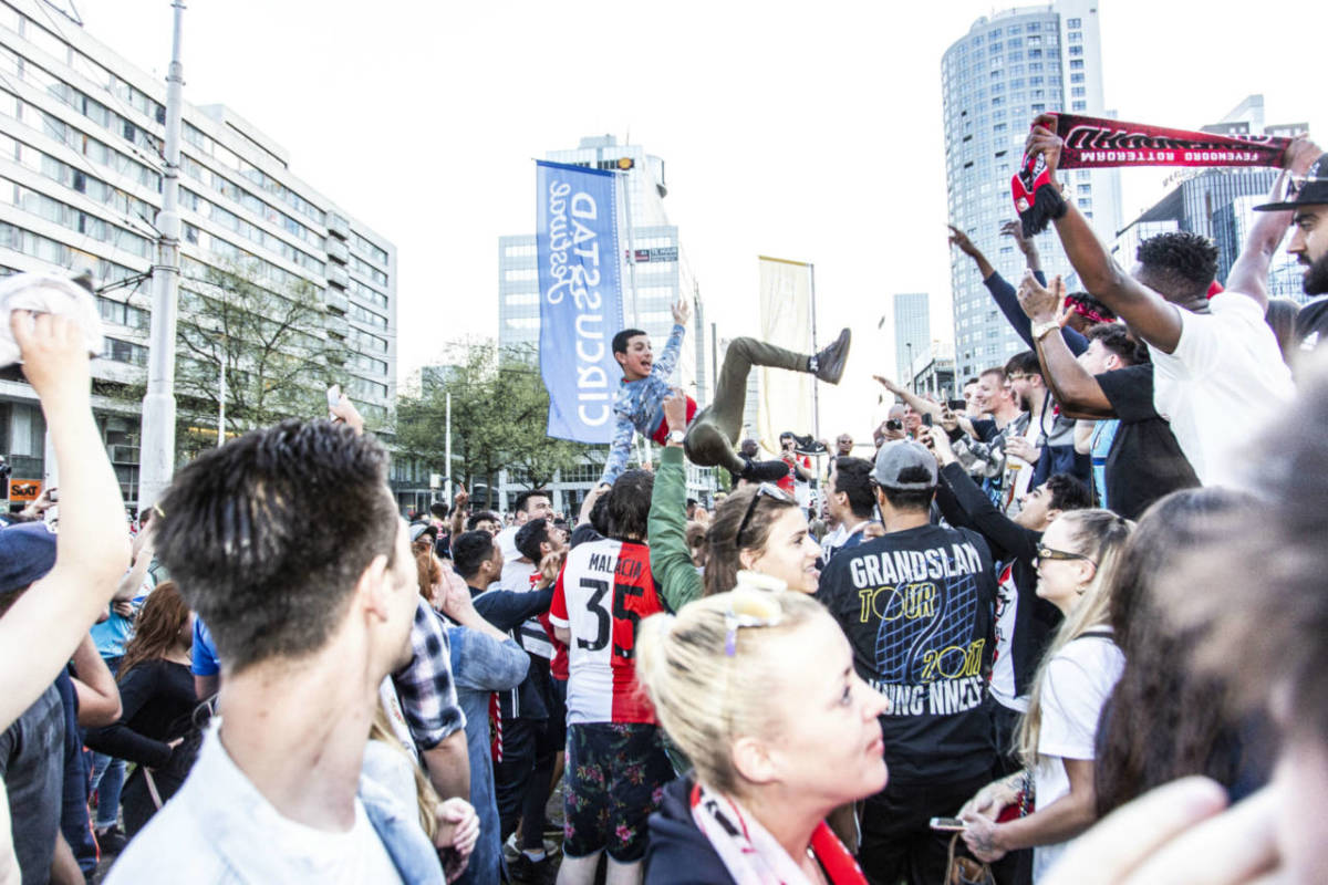 Feyenoord fans celebrating in Rotterdam after the 3-0 Dutch Cup final win against AZ Alkmaar.