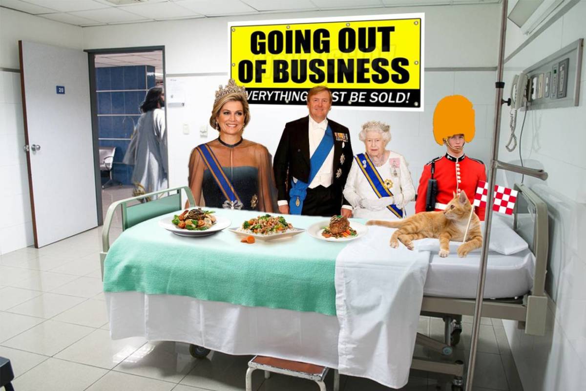 DutchNews podcast photomontage for October 26 2018 featuring King Willem-Alexander and Queen Maxima with Queen Elizabeth II and a beefeater eating a banquet in a bankrupt hospital