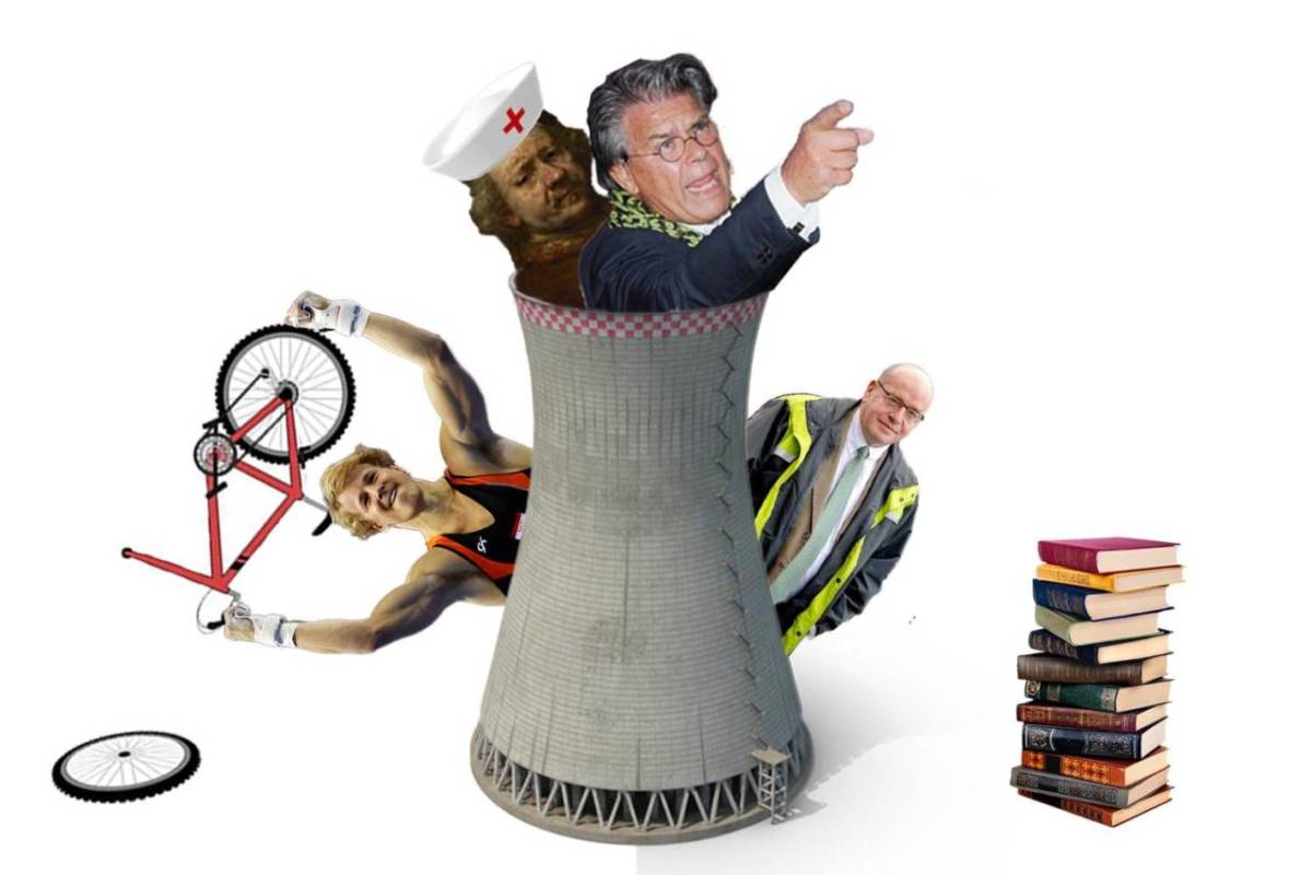 DutchNews podcast photomontage from November 9 2018 with Emile Ratelband in a cooling tower, Epke Zonderland holding a broken bicycle, Rembrandt wearing a nurse's hat and a pile of books
