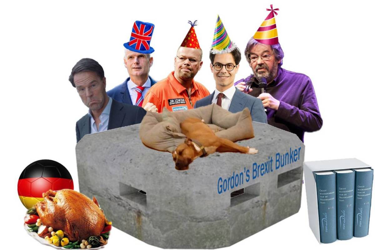 Photoshop montage for November 23, 2018 featuring a glum Mark Rutte, Stef Blok in a Union Jack hat, Raymond van Barneveld, Rob Jetten and Maarten van Rossum in party hats, a concrete bunker labelled Gordon's Brexit Bunker with Trouby the dog sleeping on top, a roast turkey, a German football and a Van Dale dictionary set.