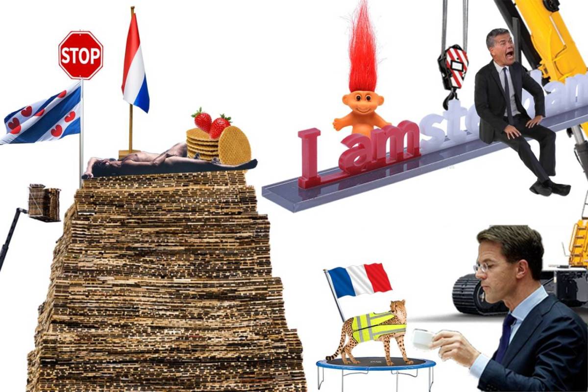 Photomontage with a naked Thierry Baudet on top of a stack of pallets next to a strawberry stroopwafel, Emile Ratelband, a Frisian flag, Mark Rutte and a cheetah in a yellow vest on a trampoline.