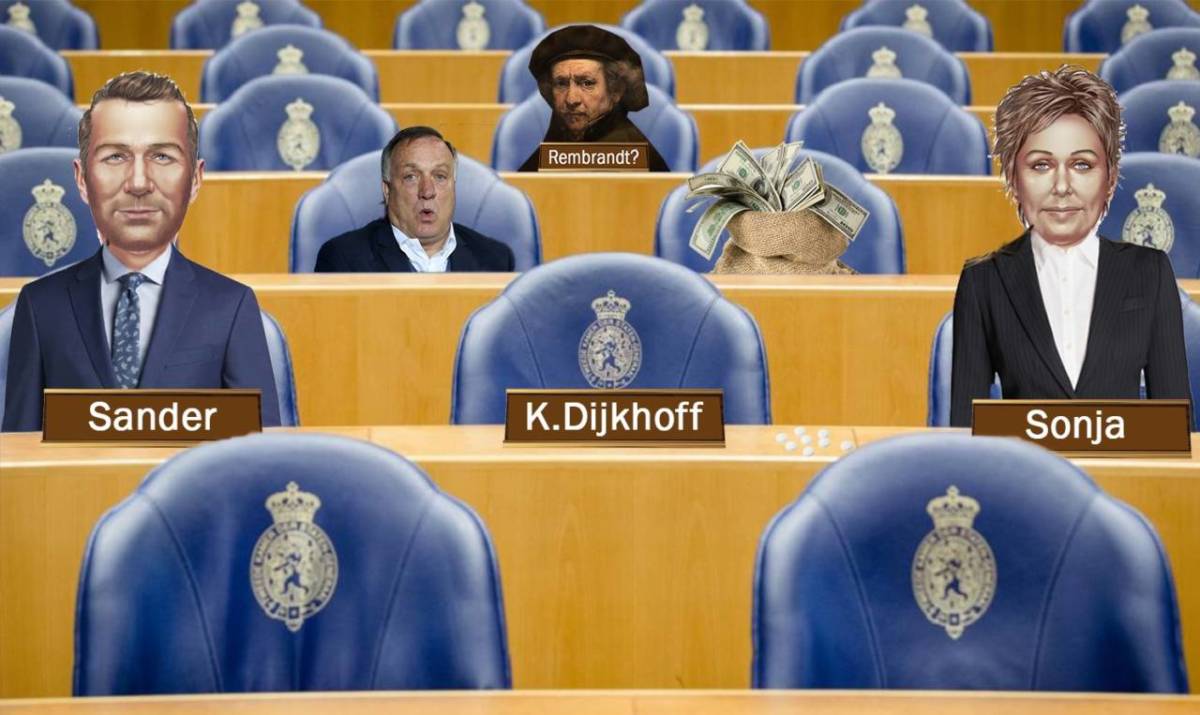 Photoshop montage featuring the Lower House benches occupied by ordinary Dutch couple Sander and Sonja, an empty chair with Klaas Dijkhoff's name plate, Dick Advocaat, a bag of money and a portrait of doubtful origin attributed to Rembrandt.