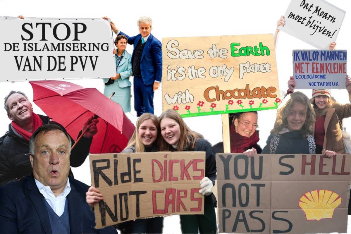 Photoshop montage featuring Dick Advocaat, Geert Wilders and various schoolchildren holding up protest banners.