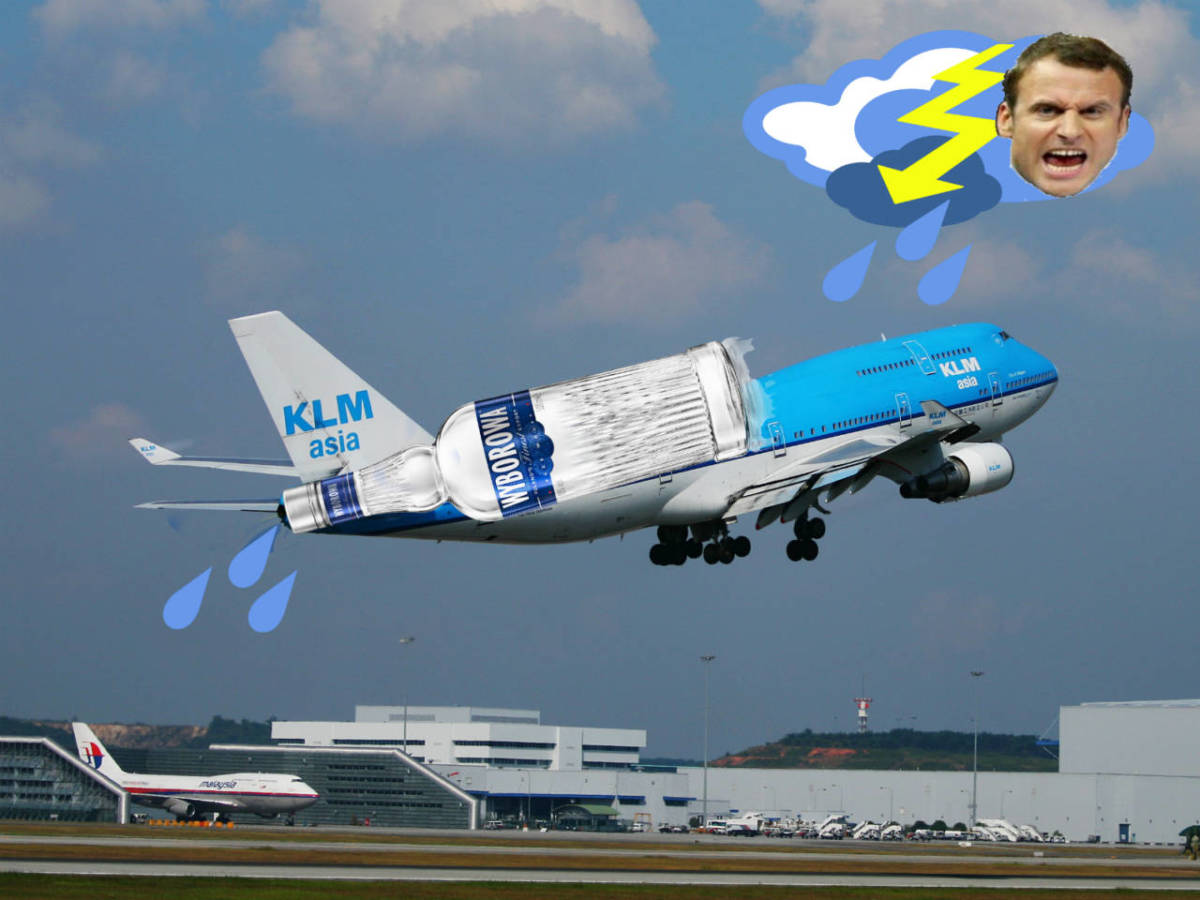DutchNews photoshop with KLM plane loaded with vodka flying into storm represented by an angry French president Macron