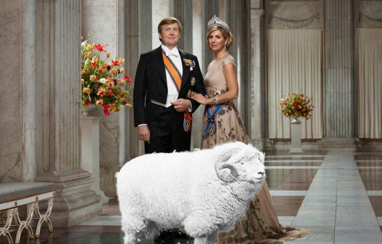 Photomontage for DutchNews podcast April 19 2019 featuring King Willem-Alexander and Queen Maxima with a bunch of flowers and a very large sheep.