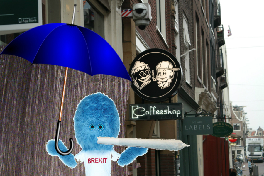 Photomontage featuring Brexitmuppet standing outside a coffeeshop holding an umbrella and getting soaked.