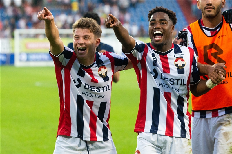 German striker Mats Kohlert celebrates after scoring two goals for Willem II against Emmen