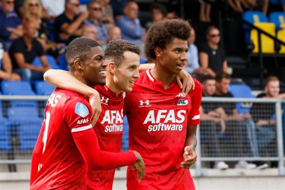 Oussama Idrissi, who scored both goals in AZ Alkmaar's 2-0 win against RKC Waalwijk, celebrating with team-mates Myron Boadu and Calvin Stengs.