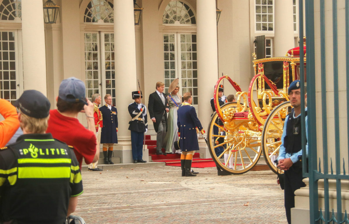 The king and queen boarding the Glazen Koets at Paleis Noordeinde in The Hague.