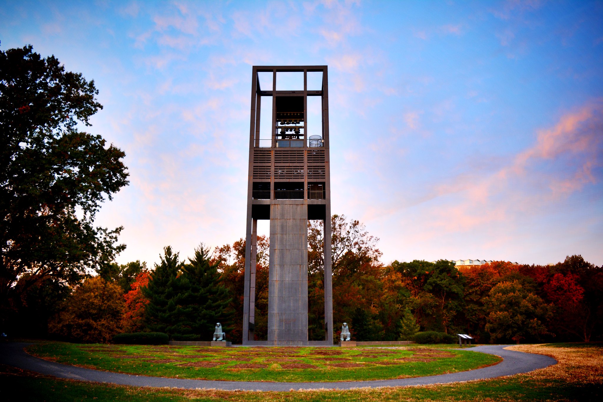 The tower of the Netherlands Carillion monument at sunrise