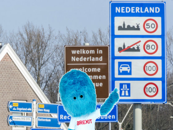 Brexit muppet pointing to a 100km/h road sign