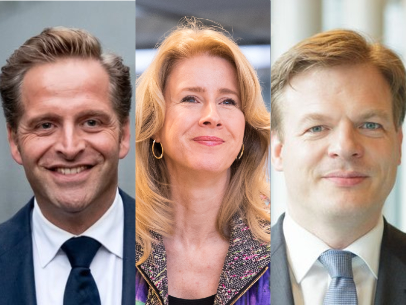 Portraits of CDA leadership contenders Hugo de Jonge, Mona Keijzer and Pieter Omtzigt.