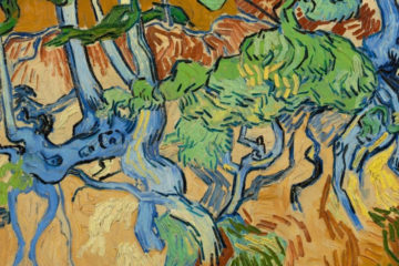Detail from Vincent van Gogh's Tree Roots, a composition in bright colours of a coppice bank.