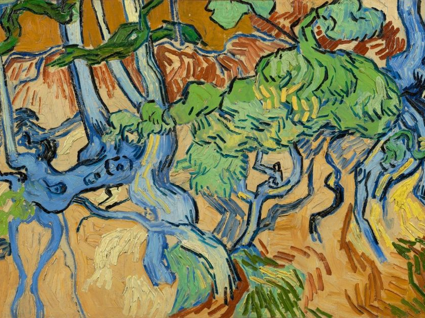 Detail from Vincent van Gogh's Tree Roots, a composition in bright colours of a coppice bank.