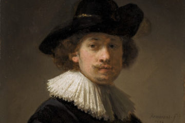 Detail of Rembrandt's self-portrait showing his face, hat and ruff.