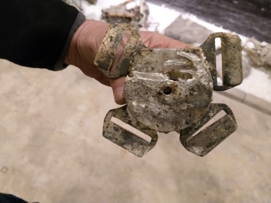 A close-up shot of a parachute lock from the Short Stirling aircraft showing the clips still locked.