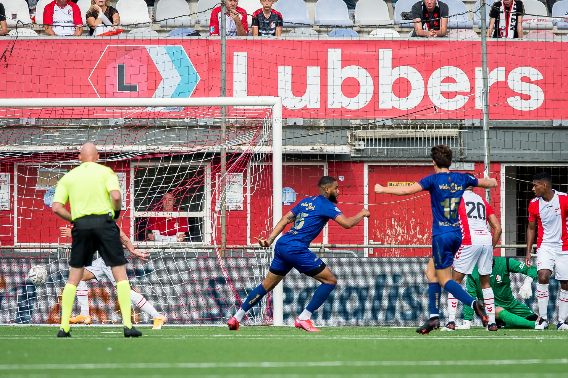 Jafar Arias celebrates scoring VVV's fifth goal in a 5-3 win at Emmen.