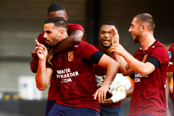 Team-mates celebrating with Oussama Tannane after his goal for Vitesse Arnhem against Sparta.