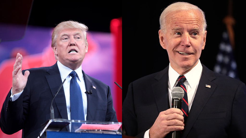 Montage of Donald Trump (left) and Joe Biden (right) speaking to audiences.