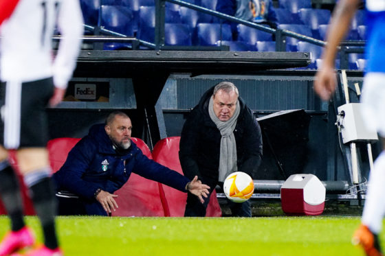 Dick Advocaat watching a goalkeeper make a save during the Europa League match against Dinamo Zagreb from the Feyenoord dugout 